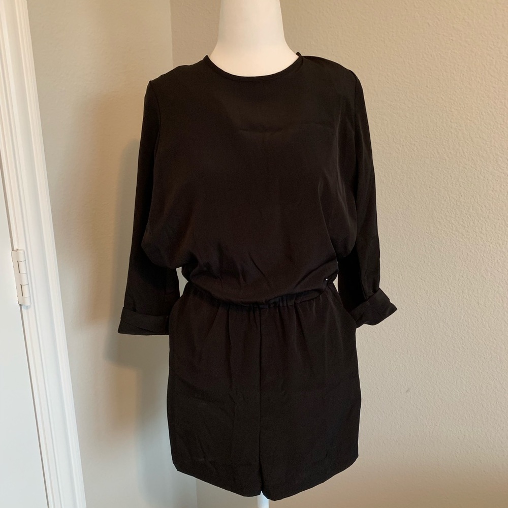 3/4 sleeve black satin romper w/POCKETS - NWT